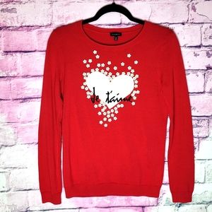 TALBOTS VALENTINE'S DAY RED JE' TAIME HEART 3D FLOWER BEAD ACCENTS SWEATER XS